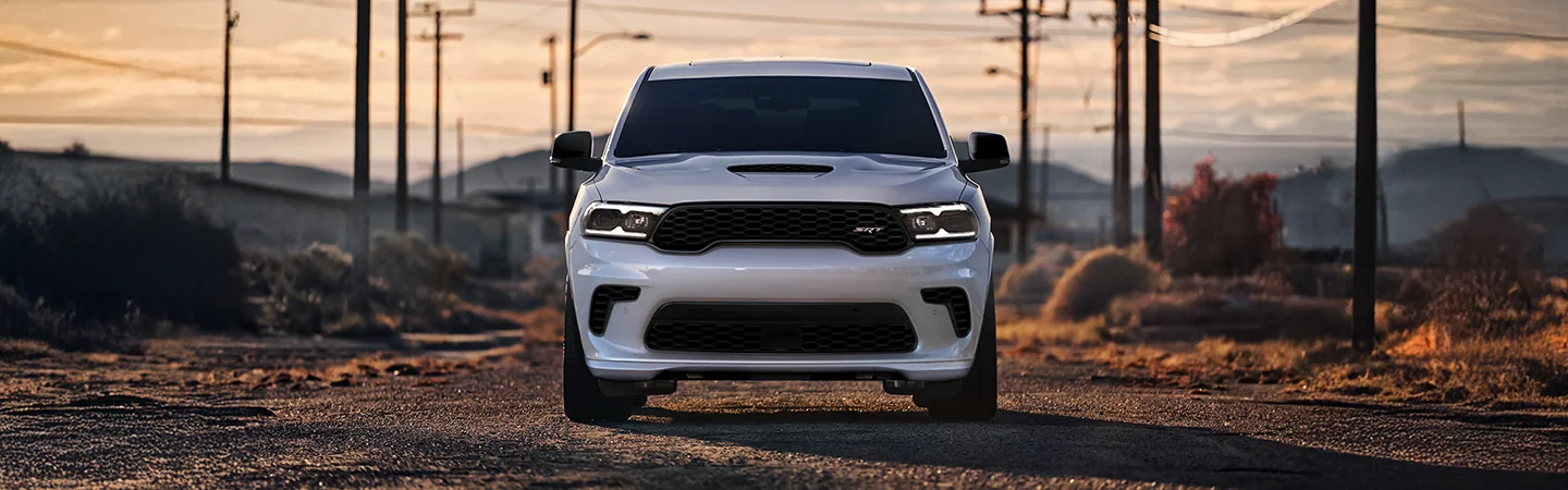 direct front view of a white 2025 Dodge Durango GT