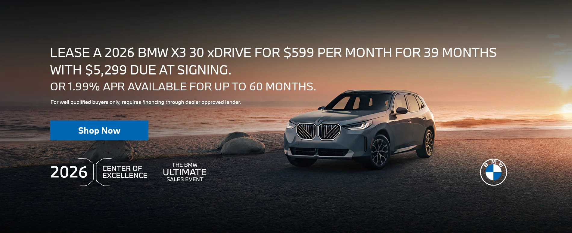 2026 BMW X3 30 xDRIVE LEASE FOR $569 PER MONTH FOR 39 MONTHS WITH $5,299 DUE AT SIGNING. OR 0.90% APR FOR UP T0 60 MONTHS.