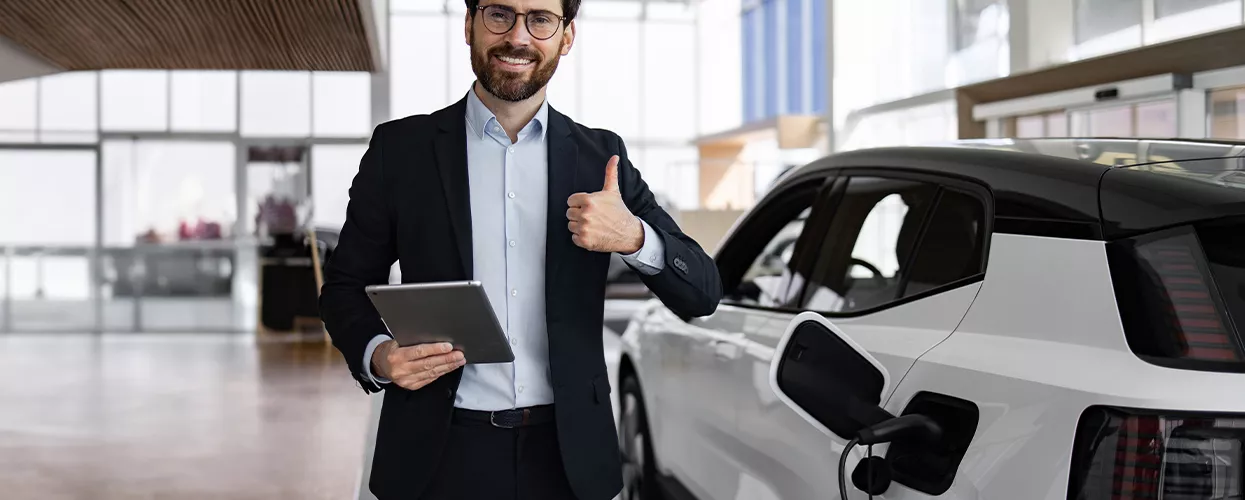 Car salesman standing next to electric vehicle