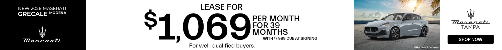 New 2026 Maserati Grecale Modena V6  Lease for $1,069 per month for 39 months with $7,999 due at signing.  For well-qualified buyers.