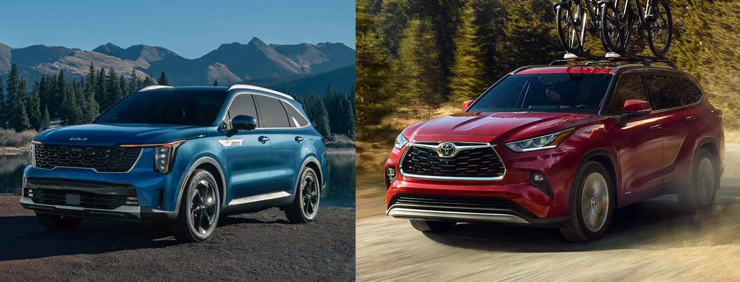 Side by side iamges of a 2025 Kia Sorento Hybrid and Toyota Highlander Hybrid