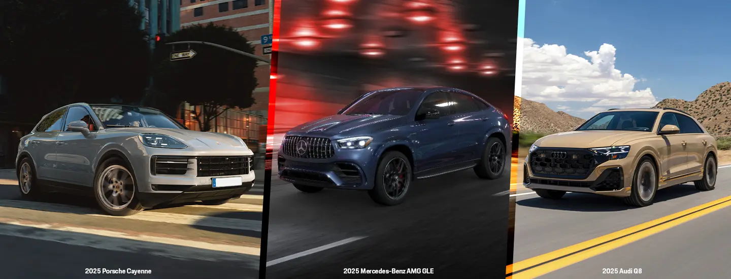 Side by side images of a 2025 Porsche Cayenne and a 2025 Mercedes-Benz AMG GLE and a 2025 Audi Q8
