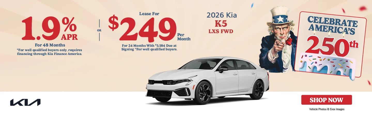 2026 Kia K5 LXS FWD 1.9% APR For 48 Months  *For well qualified buyers only, requires financing through Kia Finance America. OR Lease For $249 Per Month For 24 Months With $5,584 Due at Signing *For well qualified buyers.