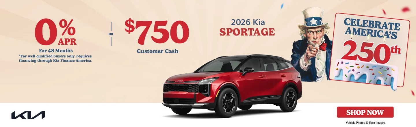 2026 Kia Sportage 0% APR For 48 Months *For well qualified buyers only, requires financing through Kia Finance America. OR $750 Customer Cash