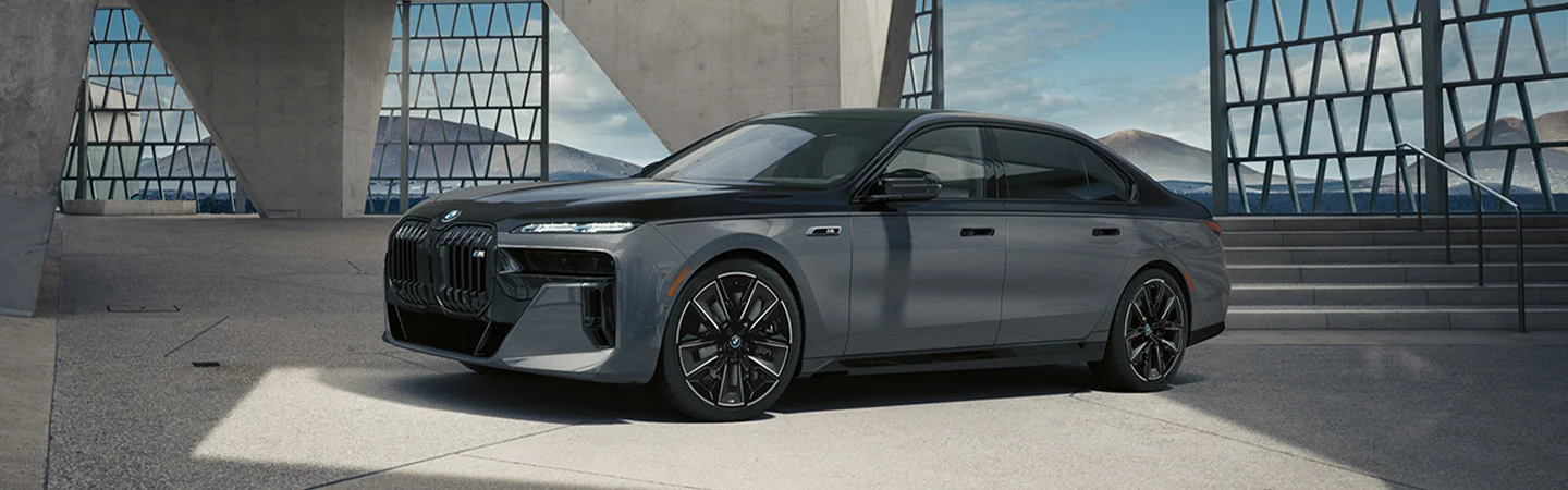 2025 BMW i7 eDrive50 parked under modern building