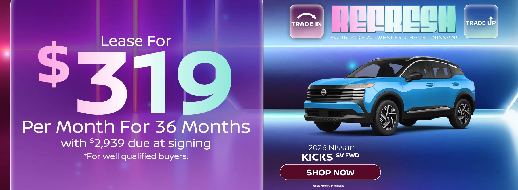 2026 Nissan Kicks SV FWD Lease For $319 Per Month For 36 Months with $2,939 due at signing *For well-qualified buyers.