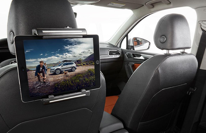 A close up of the 2021 VW Atlas headrest holding a tablet