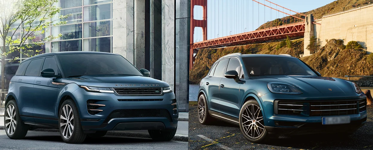 A parked Range Rover Compare in a side by side image of a Porsche Cayenne