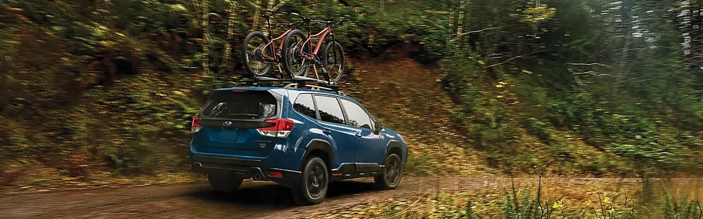 Back side view of a blue 2024 Subaru Forester Wilderness driving in the forest