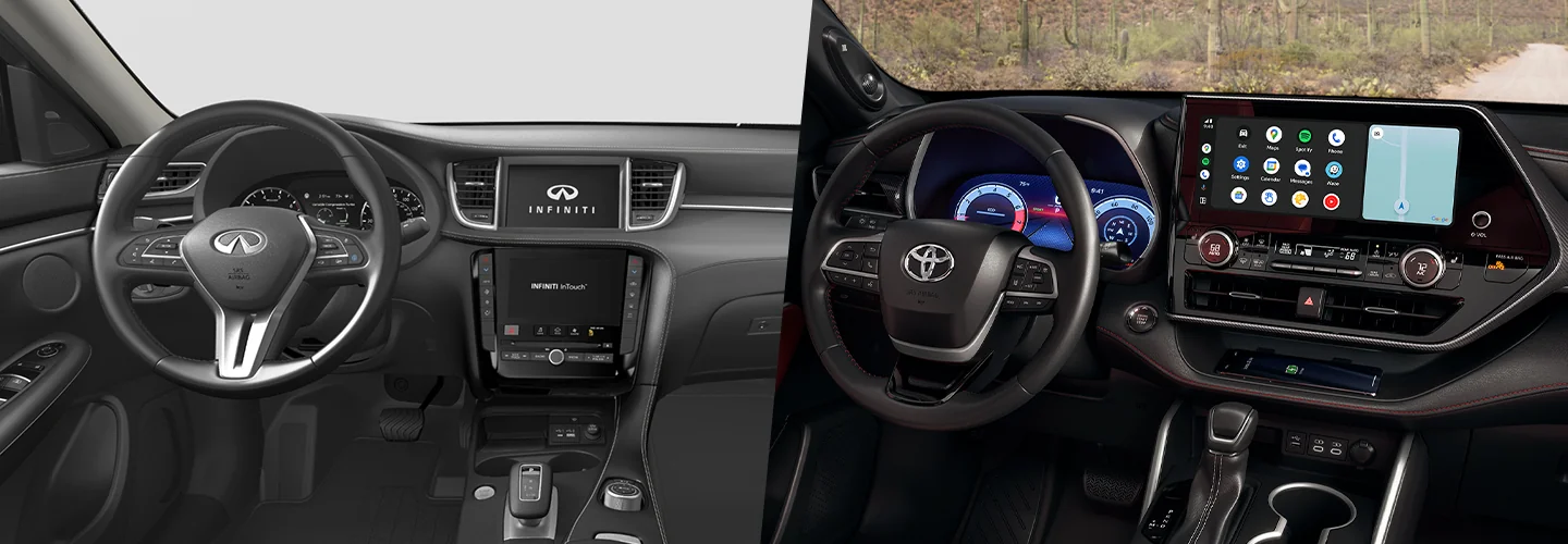 interior view of both a 2025 INFINITI QX50 Sport and a 2025 Toyota Highlander Platinum