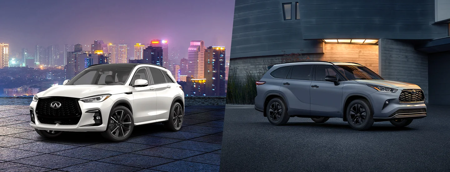 2025 INFINITI QX50 and Toyota Highlander split screen image