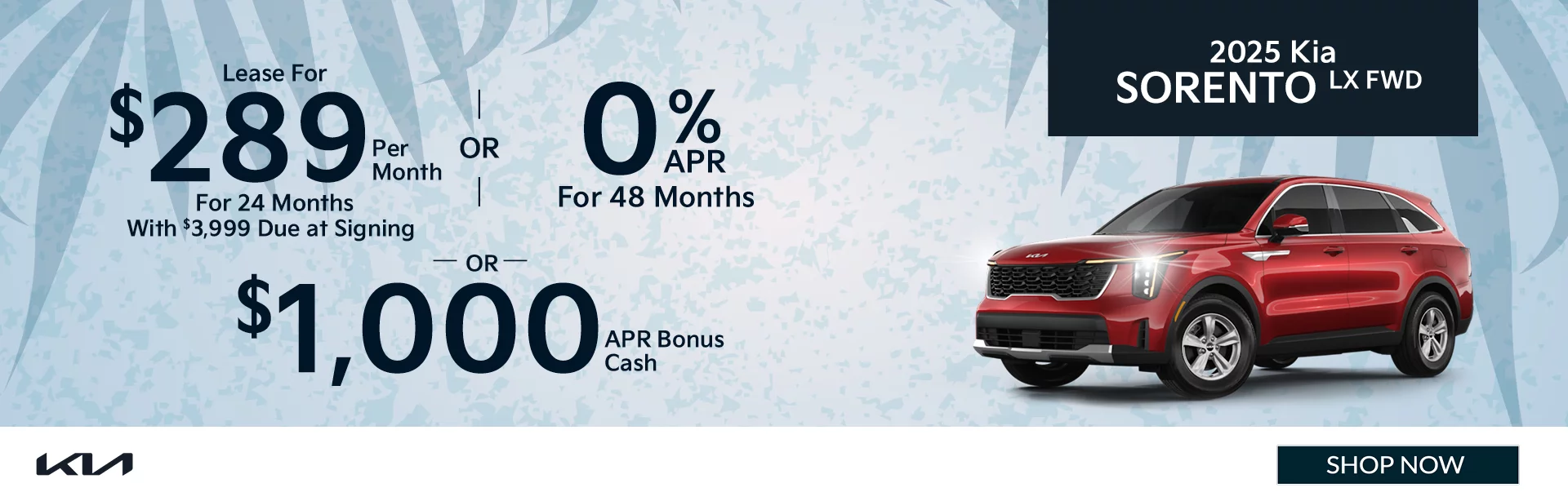 2025 Kia Sorento LX FWD Lease For $289 Per Month For 24 Months With $3,999 Due at Signing 0% APR For 48 Months  $1,000 APR Bonus Cash