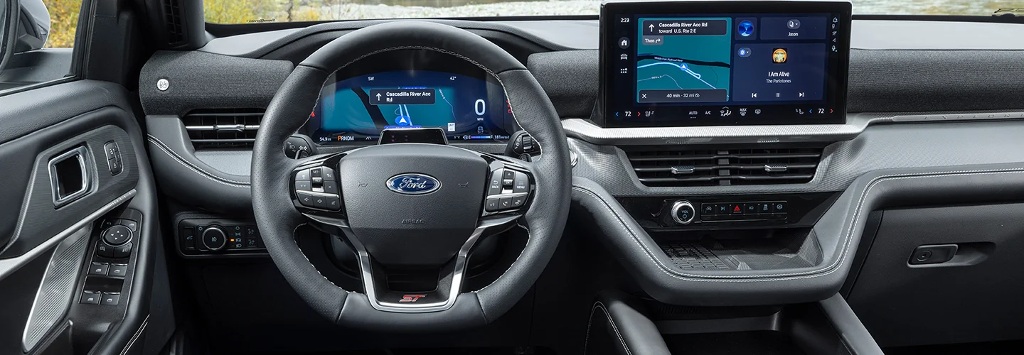 Interior view of the dashboard and tech of a 2025 Ford Explorer