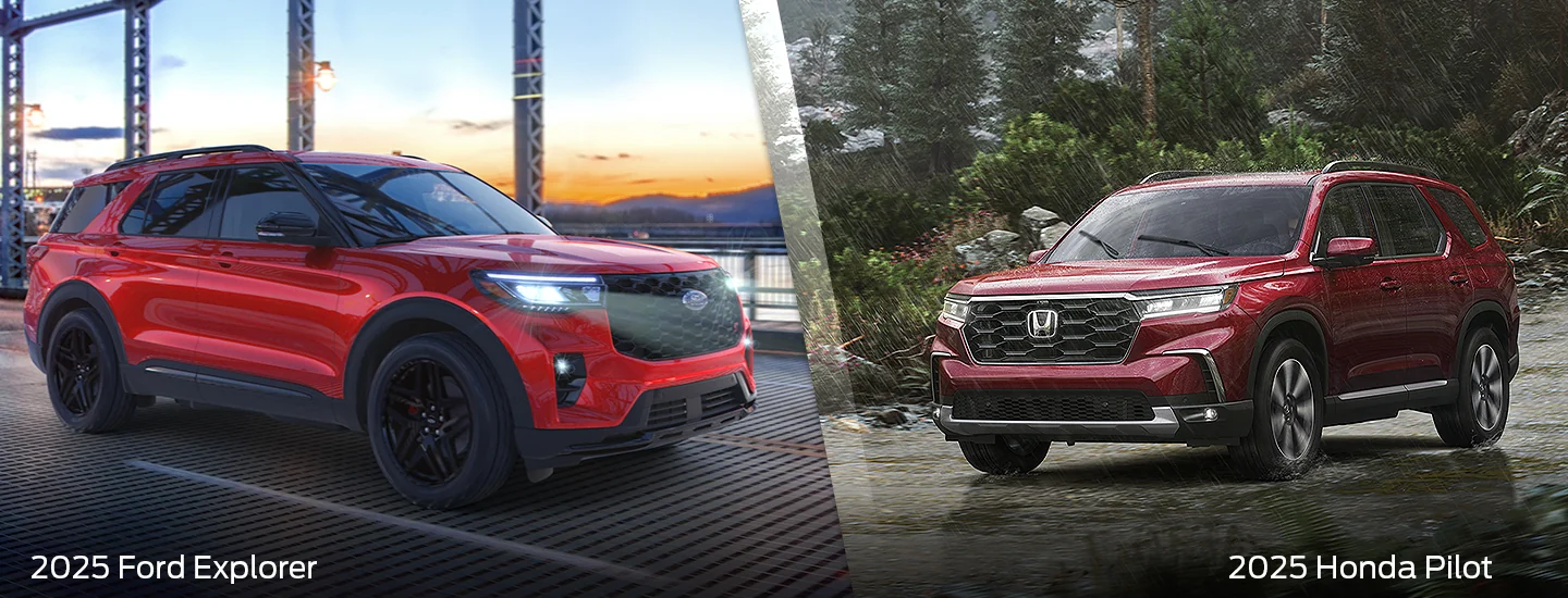 Side by side images of 2025 Ford Explorer and Honda Pilot
