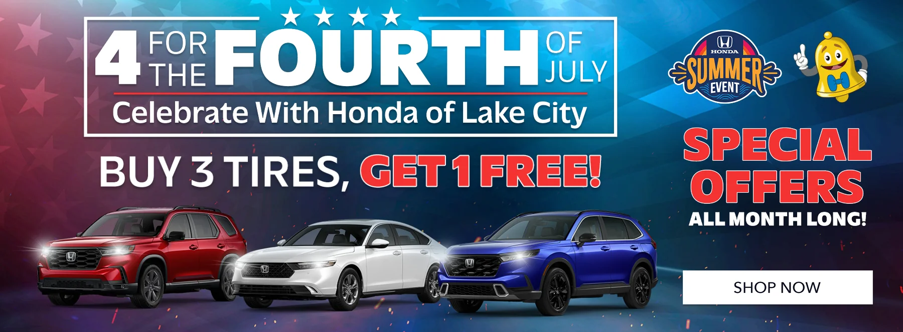 4 For the Fourth of July Celebrate with Honda of Lake City - Buy 3 Tires, Get 1 Free Specials Offers All Month Long!