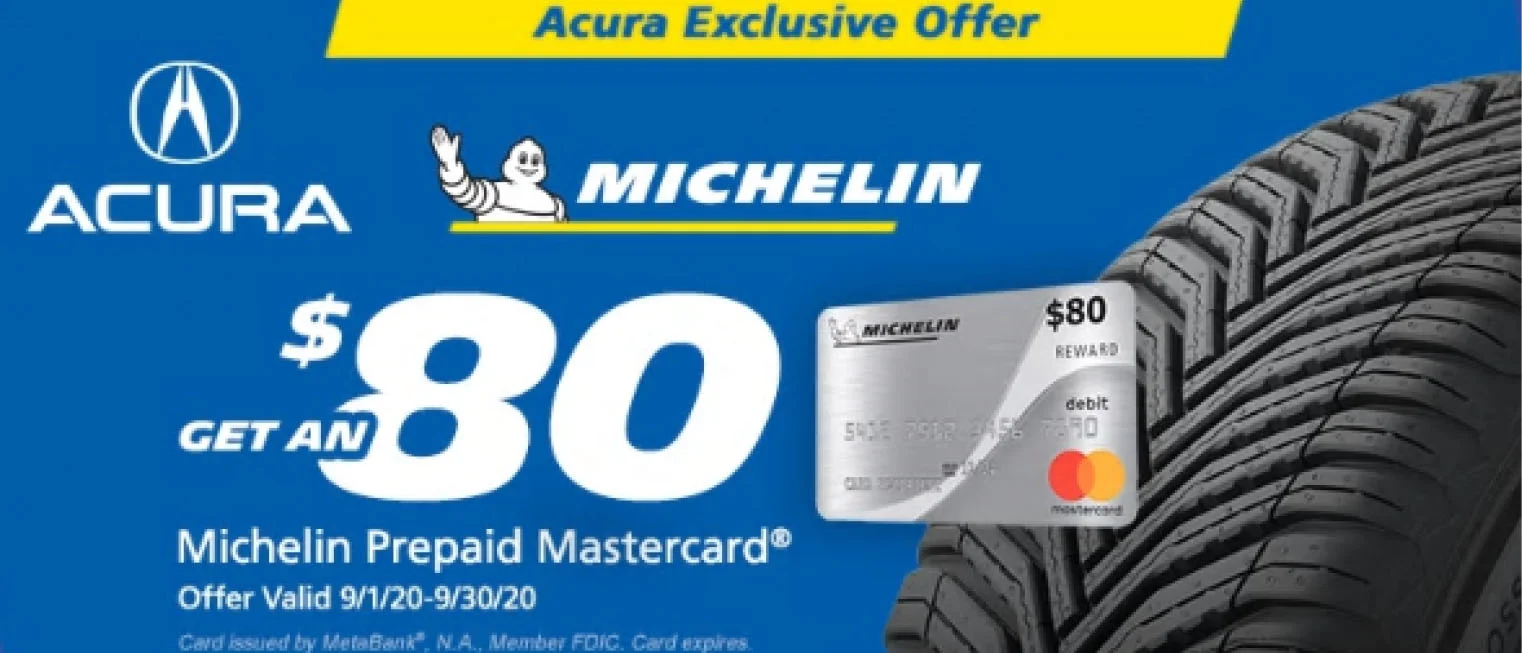 Acura and Michelin tire promotion offering an $80 prepaid Mastercard rebate on eligible tire purchases with Michelin tires displayed prominently