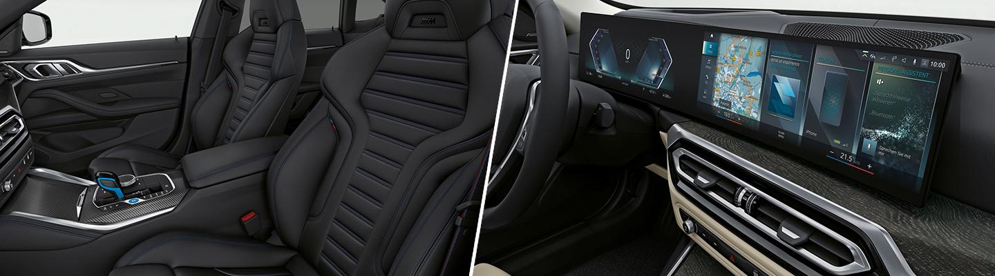 Split image of interior of 2022 BMW i4 and dashboard of 2022 BMW i4