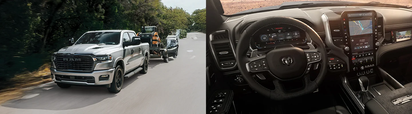 split image of a RAM 1500 towing a trailer and interior of the RAM