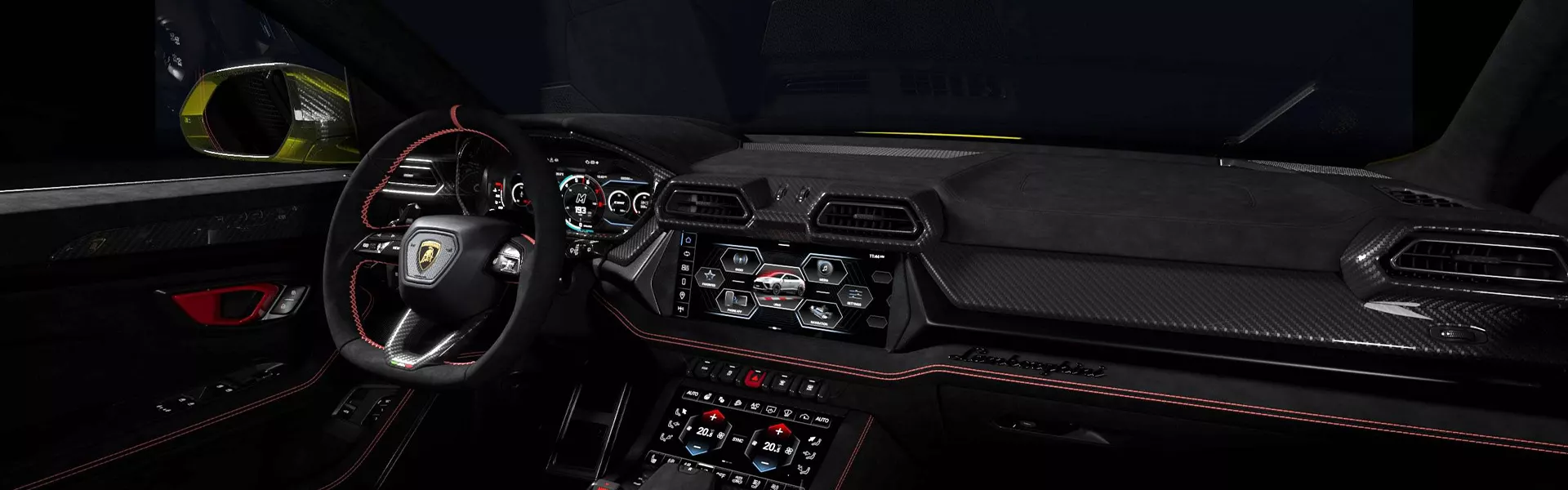 Interior view of the dashboard and tech in a 2026 Lamborghini Urus SE seating area
