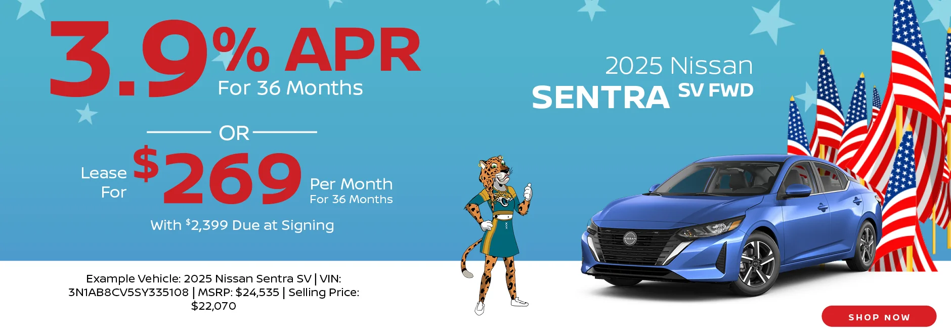 2025 Nissan Sentra SV FWD 3.9% APR For 36 Months Lease For $269 Per Month For 36 Months With $2,399 Due at Signing