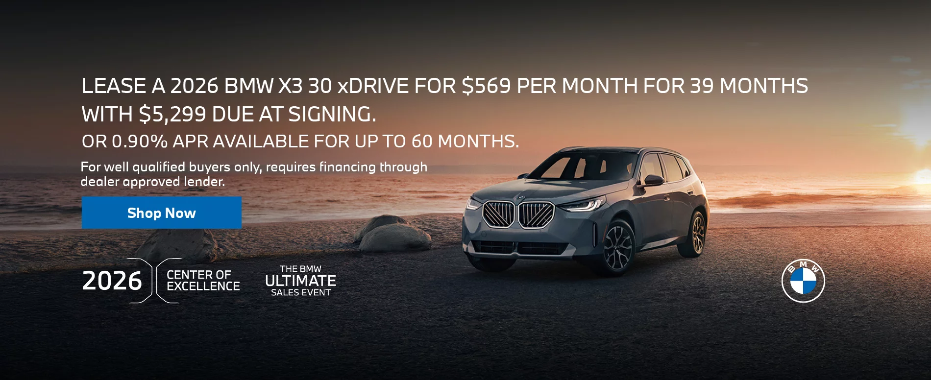 LEASE A 2026 BMW X3 30 xDRIVE FOR $569 PER MONTH FOR 39 MONTHS WITH $5,299 DUE AT SIGNING. OR 0.90% APR AVAILABLE FOR UP TO 60 MONTHS.