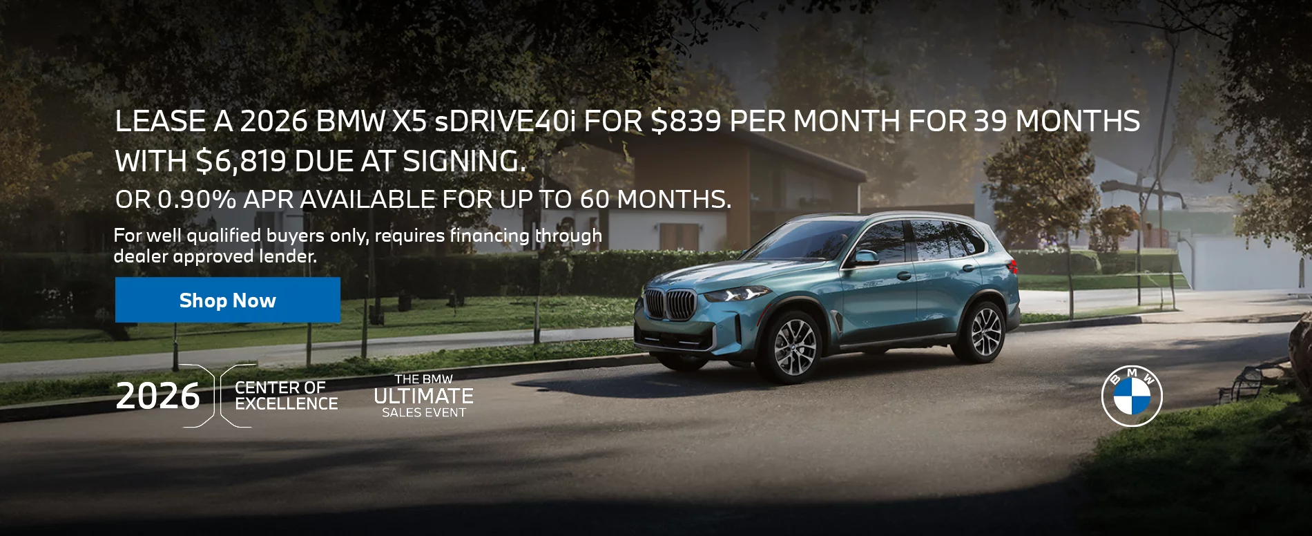 LEASE A 2026 BMW X5 sDRIVE40i FOR $839 PER MONTH FOR 39 MONTHS WITH $6,819 DUE AT SIGNING. OR 0.90% APR AVAILABLE FOR UP TO 60 MONTHS.