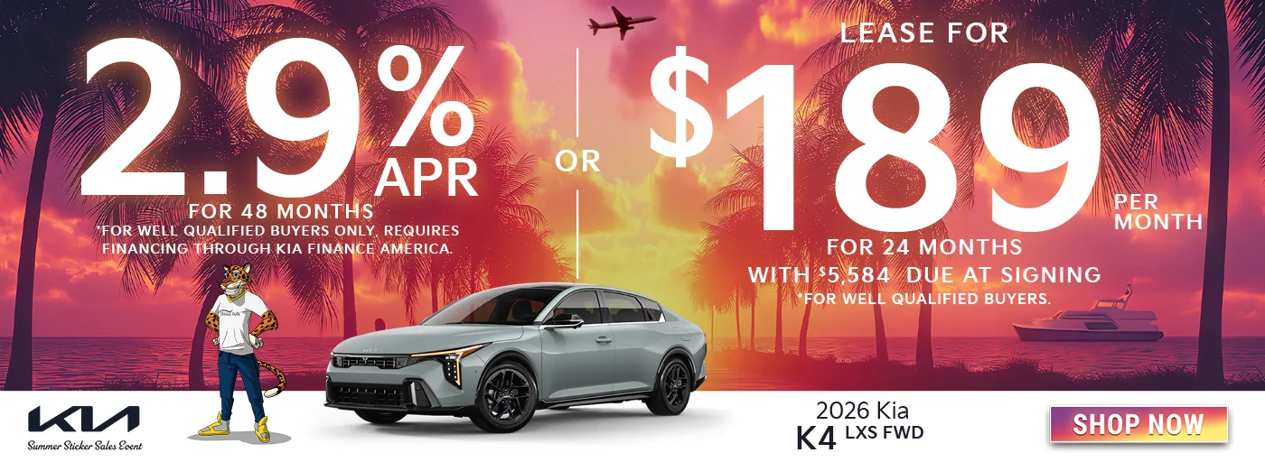 2026 Kia K4 LXS FWD 2.9% APR For 48 Months *For well qualified buyers only, requires financing through Kia Finance America. OR Lease For $189 Per Month For 24 Months With $5,584 Due at Signing *For well qualified buyers.