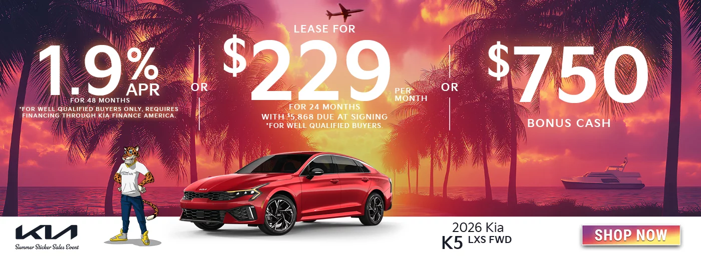 2026 Kia K5 LXS FWD 1.9% APR For 48 Months  *For well qualified buyers only, requires financing through Kia Finance America. OR Lease For $229 Per Month For 24 Months With $5,868 Due at Signing *For well qualified buyers. OR $750 Bonus Cash