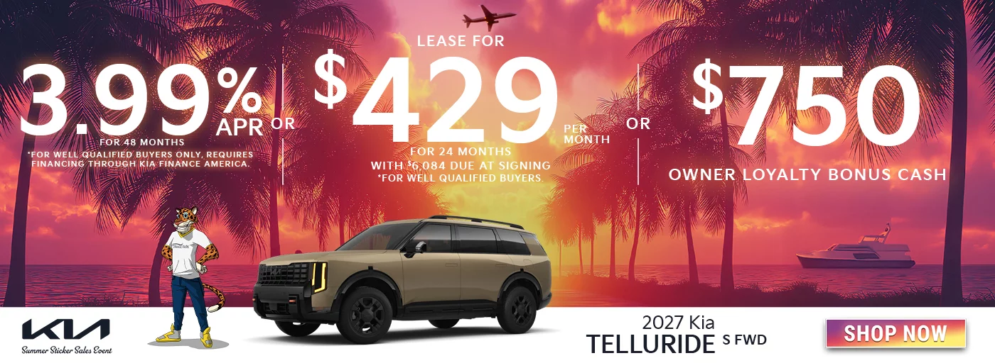 2027 Kia Telluride S FWD 3.99% APR For 48 Months *For well qualified buyers only, requires financing through Kia Finance America. OR Lease For $429 Per Month For 24 Months With $6,084 Due at Signing *For well qualified buyers. OR $750 Owner Loyalty Bonus Cash