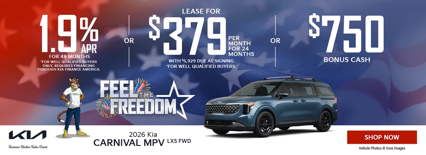 2026 Kia Carnival MPV LXS FWD 1.9% APR For 48 Months *For well qualified buyers only, requires financing through Kia Finance America. OR Lease For $379 Per Month For 24 Months With $5,929 Due at Signing *For well qualified buyers. OR $750 Bonus Cash