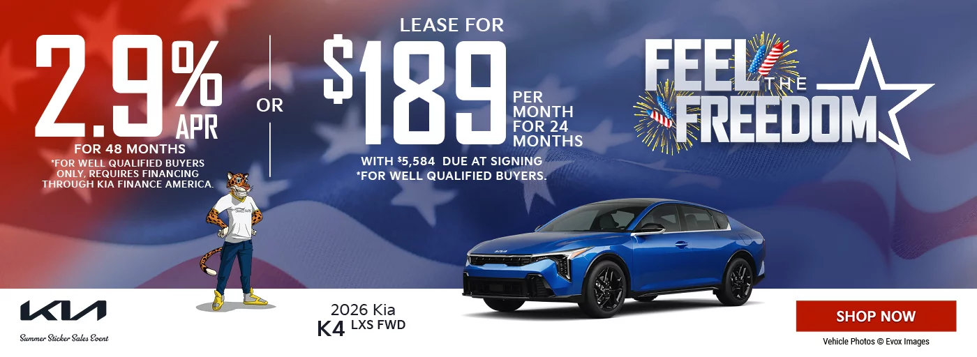 2026 Kia K4 LXS FWD 2.9% APR For 48 Months *For well qualified buyers only, requires financing through Kia Finance America. OR Lease For $189 Per Month For 24 Months With $5,584 Due at Signing *For well qualified buyers.