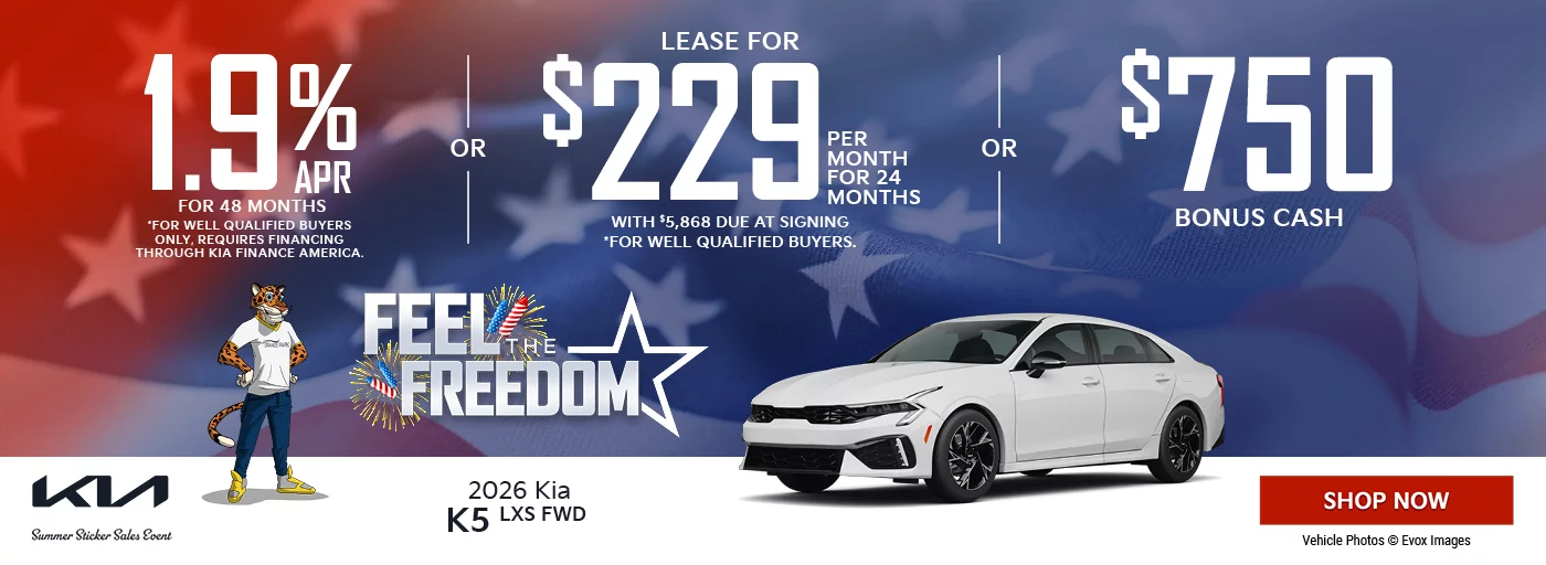 2026 Kia K5 LXS FWD 1.9% APR For 48 Months  *For well qualified buyers only, requires financing through Kia Finance America. OR Lease For $229 Per Month For 24 Months With $5,868 Due at Signing *For well qualified buyers. OR $750 Bonus Cash