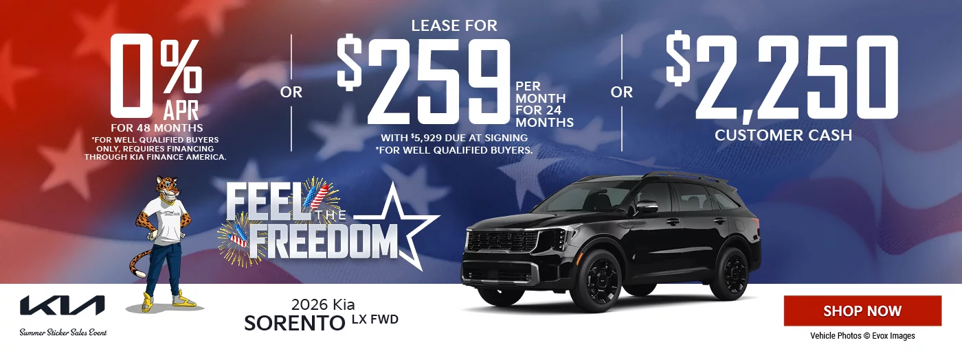2026 Kia Sorento LX FWD  0% APR For 48 Months *For well qualified buyers only, requires financing through Kia Finance America. OR Lease For $259 Per Month For 24 Months With $5,929 Due at Signing *For well qualified buyers. OR $2,250 Customer Cash