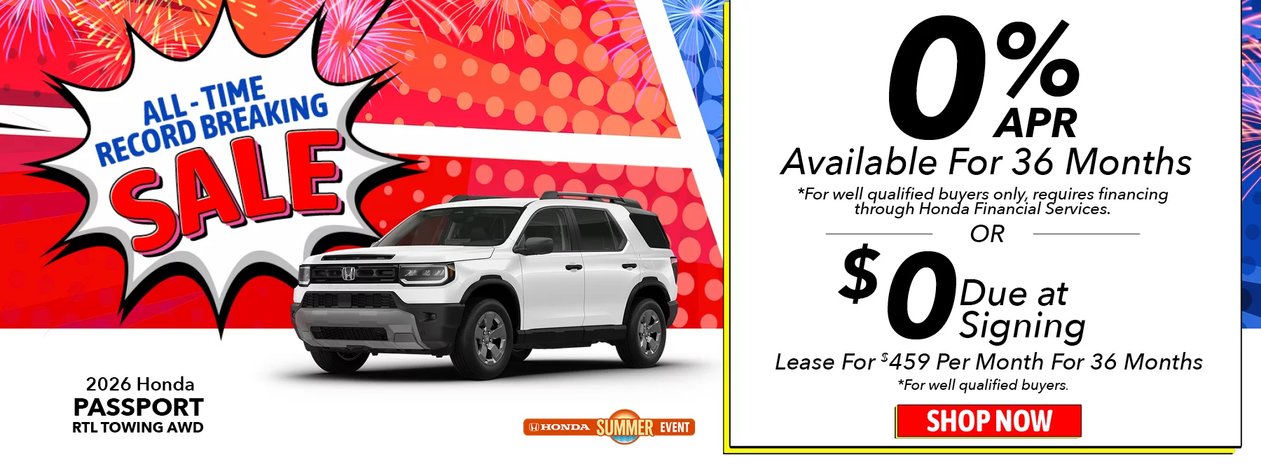 All-Time Record Breaking Sale! 2026 Honda Passport RTL Towing AWD 0% APR Available For 36 Months *For well qualified buyers only, requires financing through Honda Financial Services. Lease For $459 Per Month For 36 Months With $0 Due at Signing *For well qualified buyers. 
