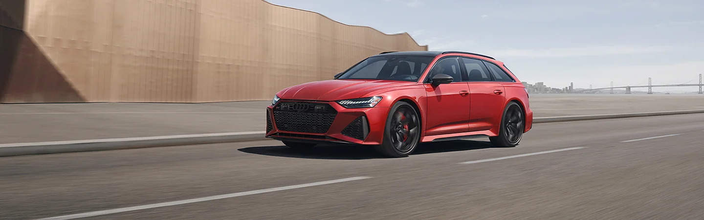 front view of a red 2025 Audi RS6 Avant Performance