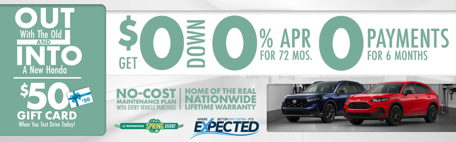 Honda Spring Event specials with 0% APR financing, no payments for 6 months, and new Honda SUVs at dealership promotion