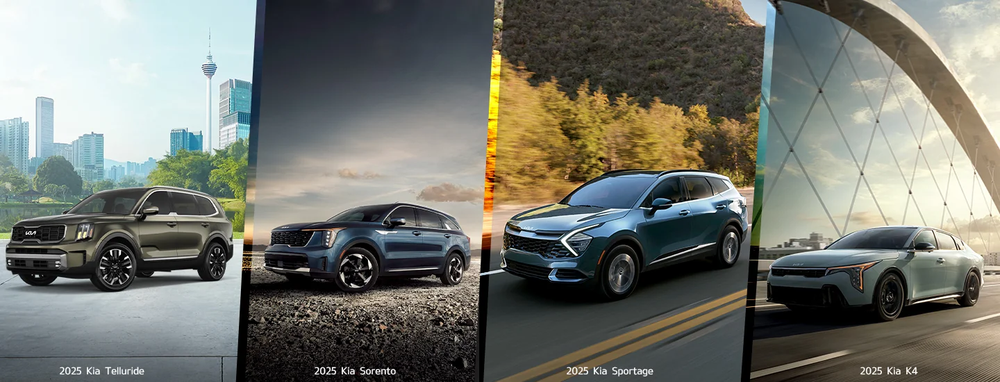 Model line up of KIAs side by side images of a 2025 Kia Telluride 2025 Kia Sorento a 2025 Kia Sportage and a 2025 Kia K4