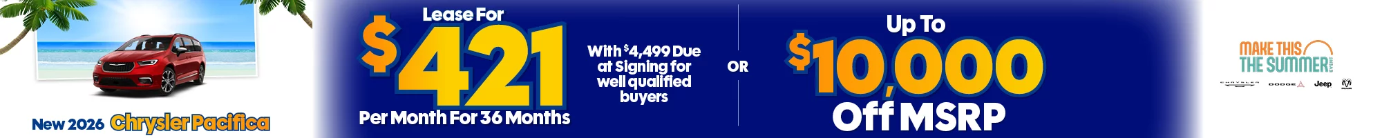 New 2026 Chrysler Pacifica Lease For $421 Per Month For 36 Months With $4,499 Due at Signing for well qualified buyers -OR- Up To $10,000 Off MSRP