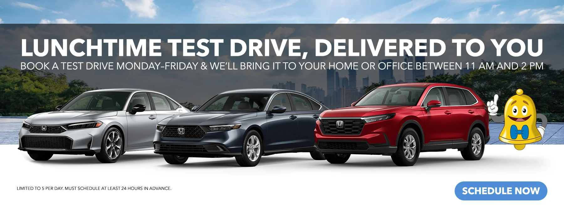 Lunchtime test drive, delivered to you! Book a test drive Monday-Friday & we'll bring it to your home or office between 11AM and 2PM - Limited to 5 Per Day. Must Schedule at least 24 hours in advance!