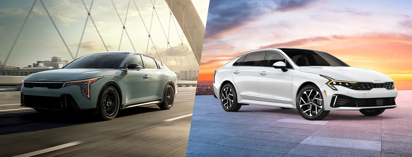 Side by side photos of a 2025 Kia K4 and a 2025 Kia K5