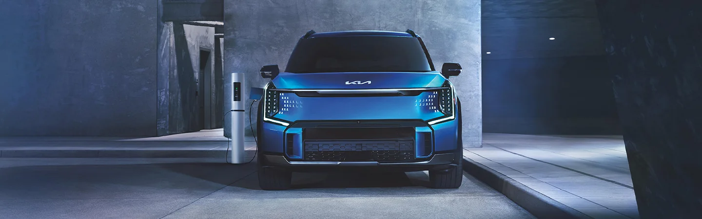front view of a blue 2026 Kia EV9 Light