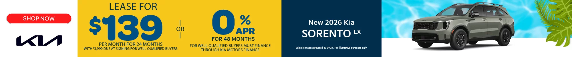 2026 Kia Sorento LX  Lease For $139 Per Month For 24 Months with $3,999 Due at Signing OR 0% APR FOR 48 MONTHS 