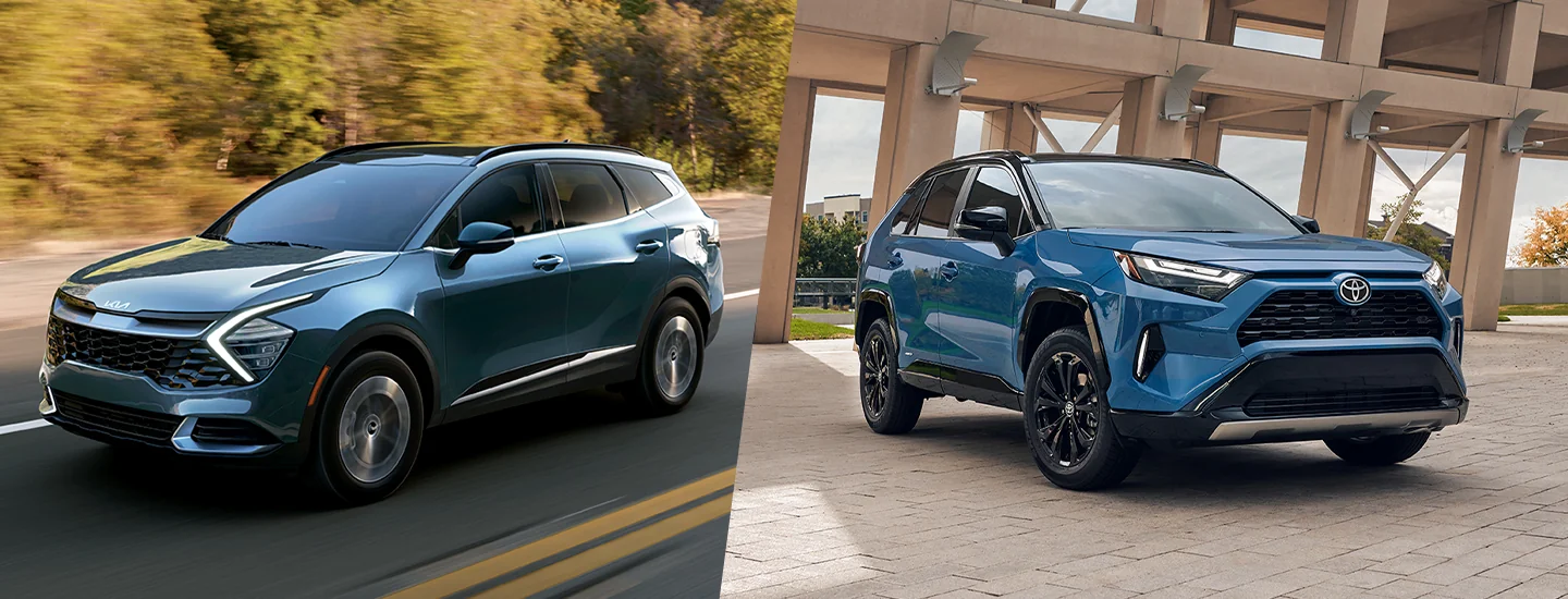 2025 Kia Sportage Hybrid and a Toyota RAV4 Hybrid split image