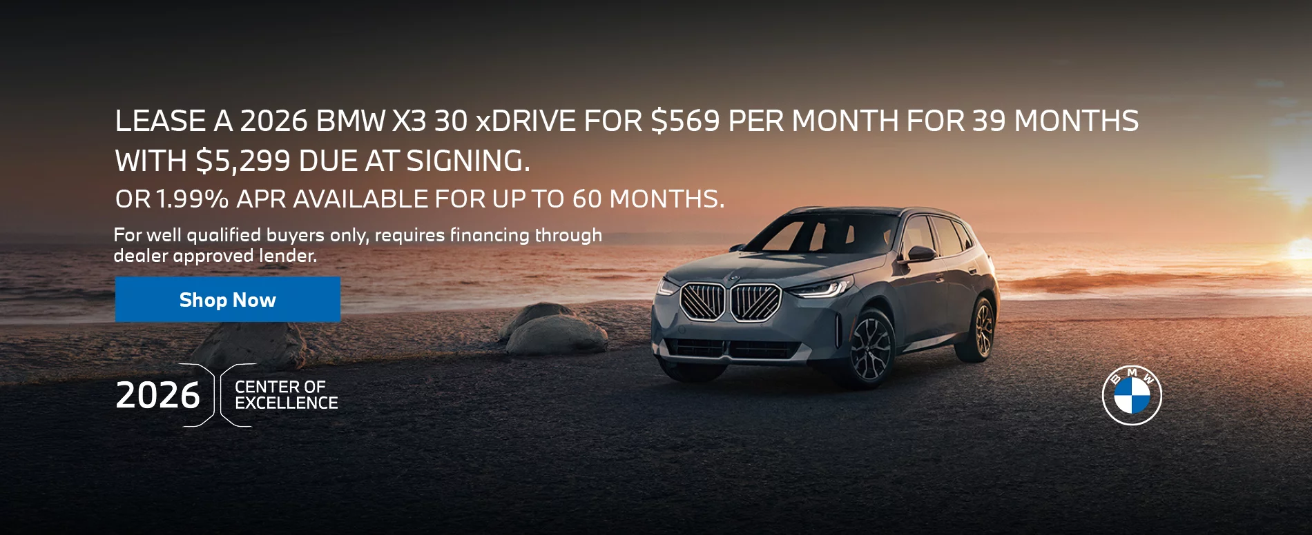 2026 BMW X3 30 xDRIVE LEASE FOR $569 PER MONTH FOR 39 MONTHS WITH $5,299 DUE AT SIGNING. OR 1.99% APR FOR UP T0 60 MONTHS.