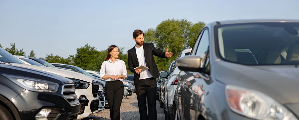 Sales man showing a customer a lot of cars
