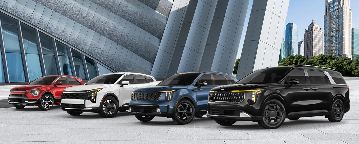 a lineup image of 4 Kia Hybrid Models