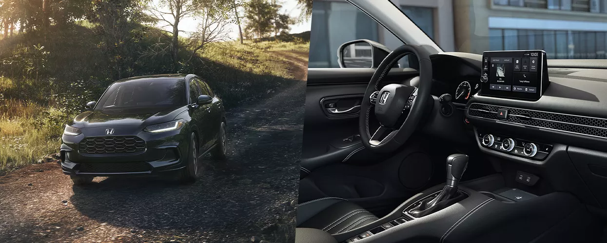 Side by side images of the new Honda HR-V one driving on a dirt road, the other showing the dashboard and tech