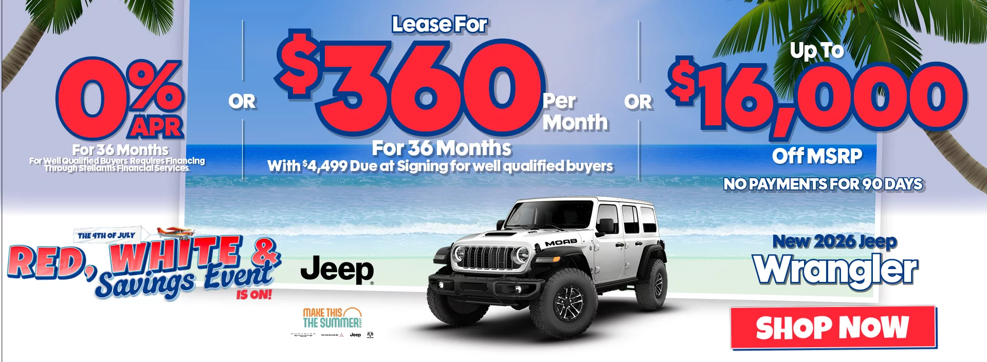 New 2026 Jeep Wrangler 0% APR For 36 Months For Well Qualified Buyers. Requires Financing Through Stellantis Financial Services -OR- Lease For $360 Per Month For 36 Months With $4,499 Due at Signing for well qualified buyers -OR- Up To $16,000 Off MSRP