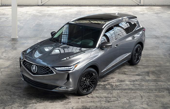 Overhead angled view of a silver Acura MDX