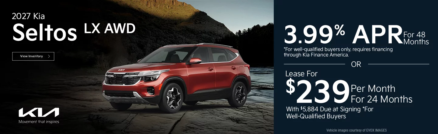 2027 Kia Seltos LX AWD 3.99% APR For 48 Months *For well-qualified buyers only, requires financing through Kia Finance America. -OR- Lease For $239 Per Month For 24 Months With $5,884 Due at Signing *For well-qualified buyers.